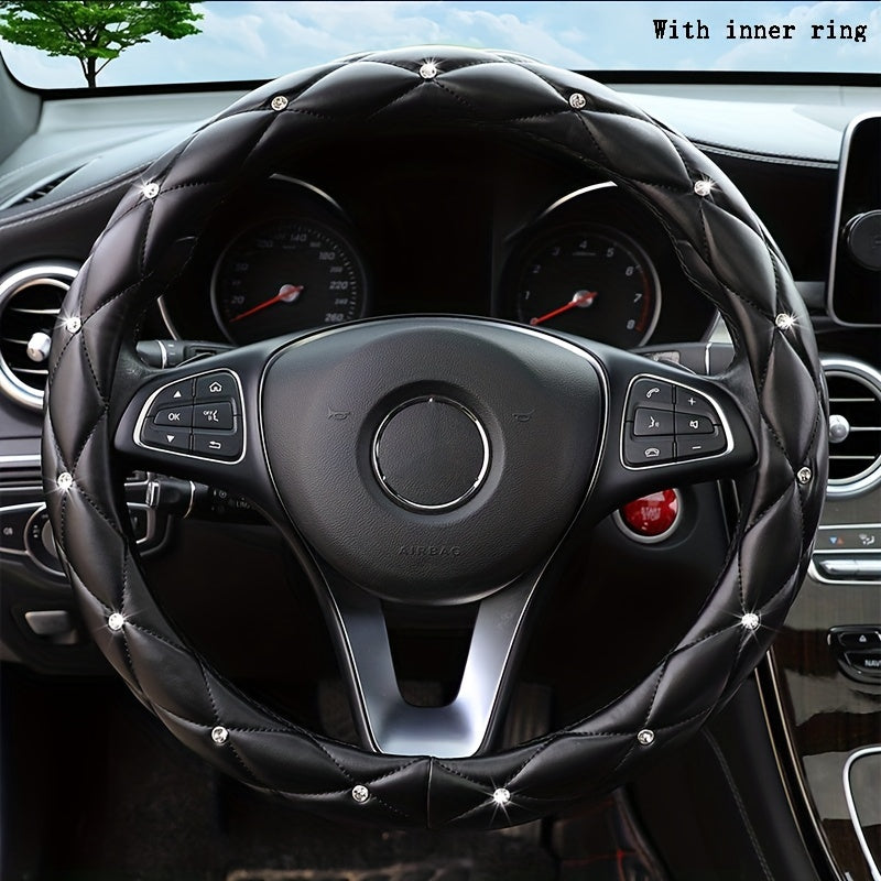 New Style, Rhinestone Inlaid, Artificial Diamond Grid PU Leather Car Steering Wheel Cover, soft And Comfortable, Suitable For Women And Girls.