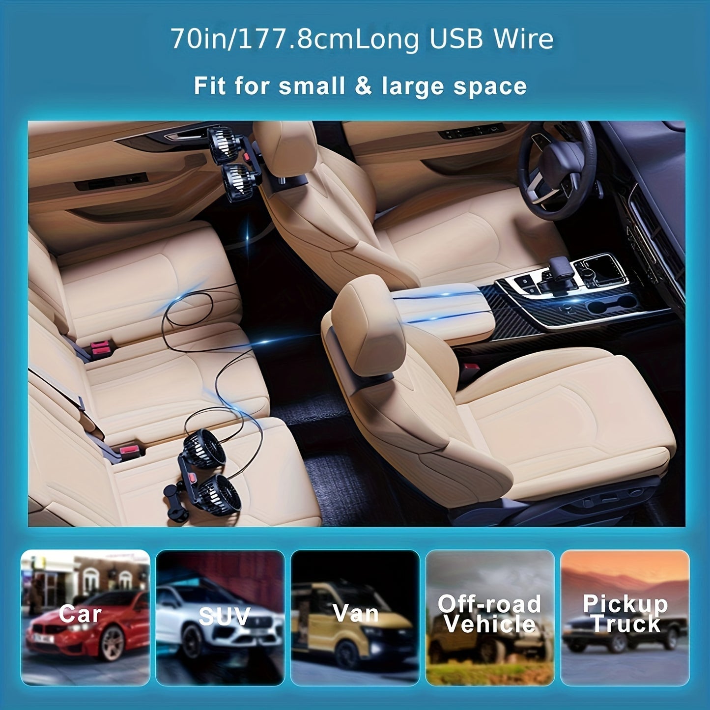 1 Pc Car Fan – Double-Headed Rear Fan with 360° Rotation & Strong Wind
