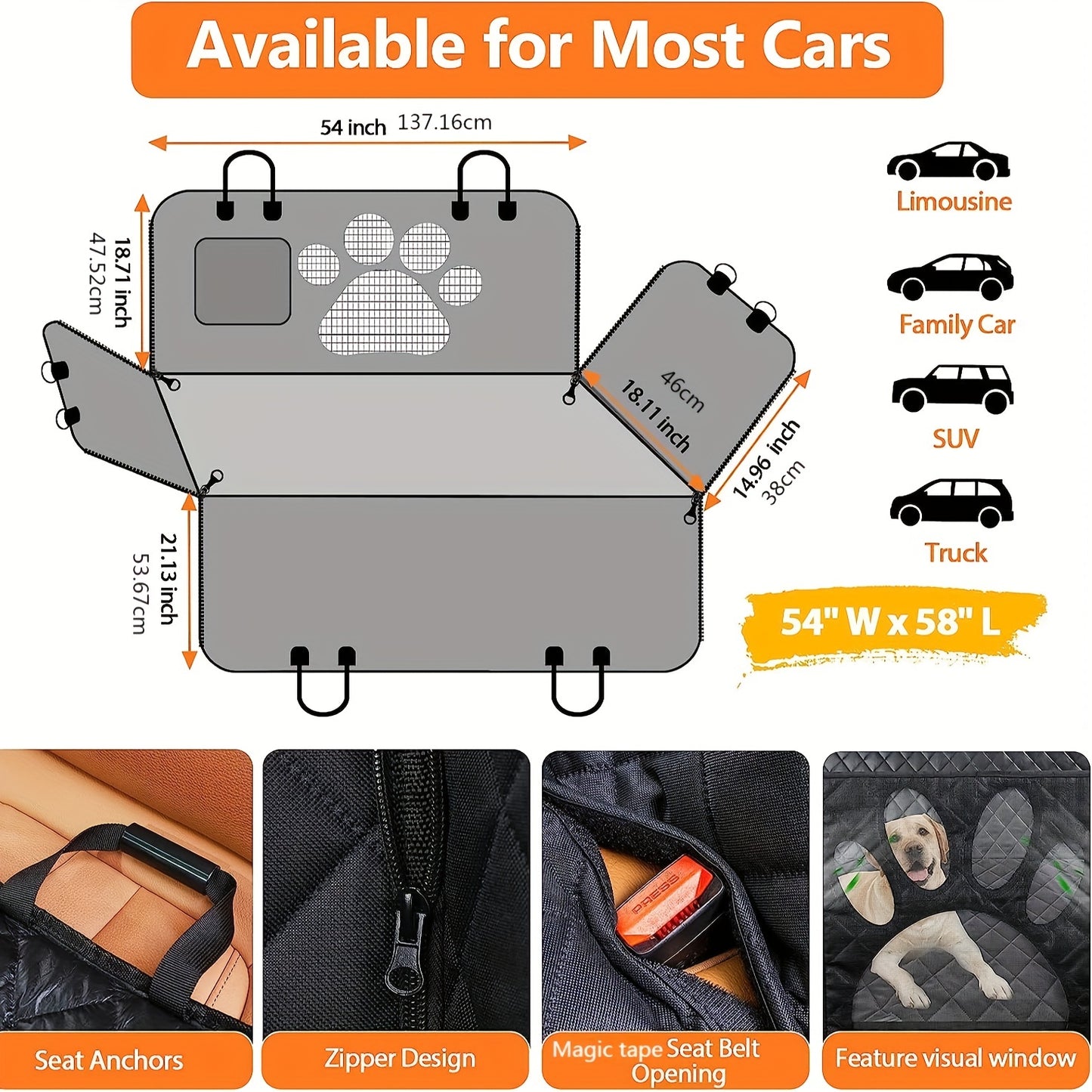 Dog Car Seat Cover for Back Seat, 100% Waterproof Dog Car Hammock with Visual Mesh Window and Side Zipper Car Seat & Door Protector for Pets, Backseat Dog Cover for Car Truck and SUV