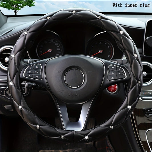 New Style, Rhinestone Inlaid, Artificial Diamond Grid PU Leather Car Steering Wheel Cover, soft And Comfortable, Suitable For Women And Girls.