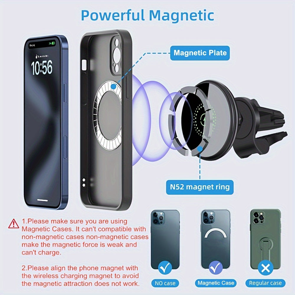 Fast Charging Wireless Magnet Car Phone Holder Car Mount with Magnetic Wireless Phone Holder for iPhone 16/16 Pro/16 ProMax/15/15 Pro/15 Pro Max/15 Plus/14/14 Pro/14 Pro Max/14 Plus/13/13 Pro/13 Pro Max/12/12 Pro/12 Pro Max/1