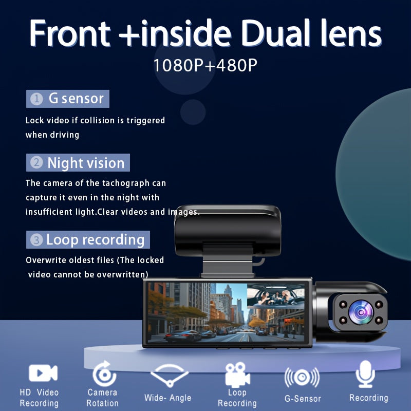 Dual Camera, Dash Cam for Cars, Front 1080P And Inside 480P, Car Camera with IR Night Vision, Loop Recording, Wide Angle Car DVR Camera with 3.16 Inch IPS Screen, Dual Lens Car Dashboard Video Cam, 32GB SD Card Optional.