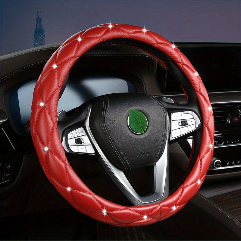 New Style, Rhinestone Inlaid, Artificial Diamond Grid PU Leather Car Steering Wheel Cover, soft And Comfortable, Suitable For Women And Girls.