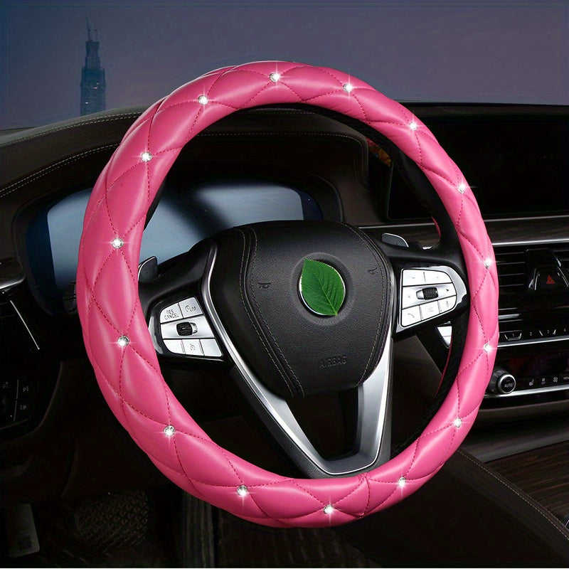 New Style, Rhinestone Inlaid, Artificial Diamond Grid PU Leather Car Steering Wheel Cover, soft And Comfortable, Suitable For Women And Girls.