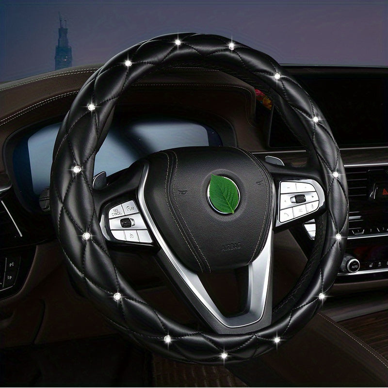 New Style, Rhinestone Inlaid, Artificial Diamond Grid PU Leather Car Steering Wheel Cover, soft And Comfortable, Suitable For Women And Girls.