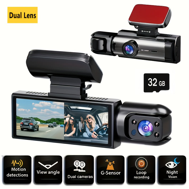 Dual Camera, Dash Cam for Cars, Front 1080P And Inside 480P, Car Camera with IR Night Vision, Loop Recording, Wide Angle Car DVR Camera with 3.16 Inch IPS Screen, Dual Lens Car Dashboard Video Cam, 32GB SD Card Optional.