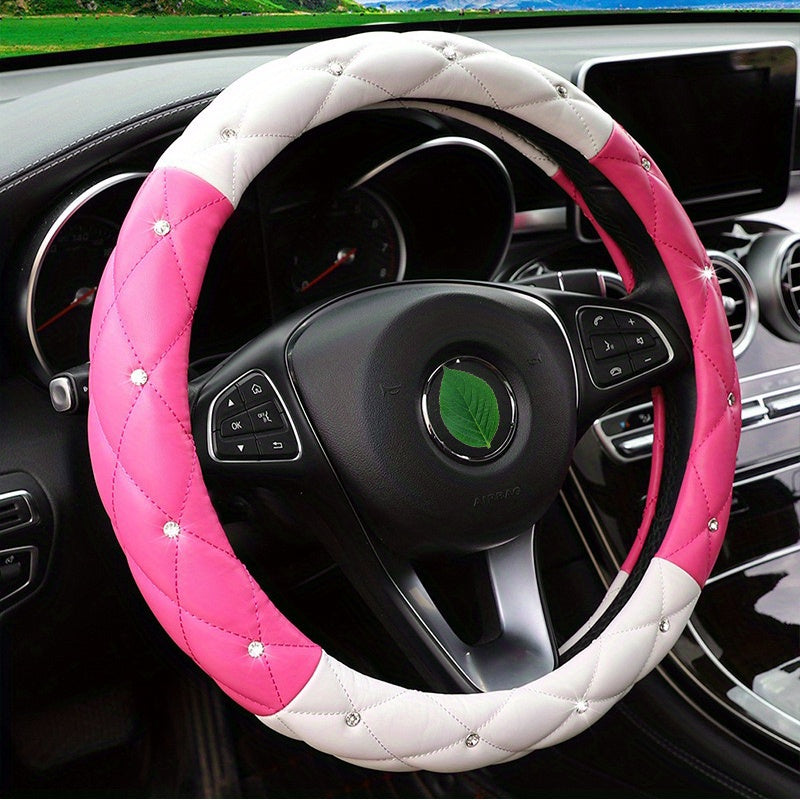 New Style, Rhinestone Inlaid, Artificial Diamond Grid PU Leather Car Steering Wheel Cover, soft And Comfortable, Suitable For Women And Girls.