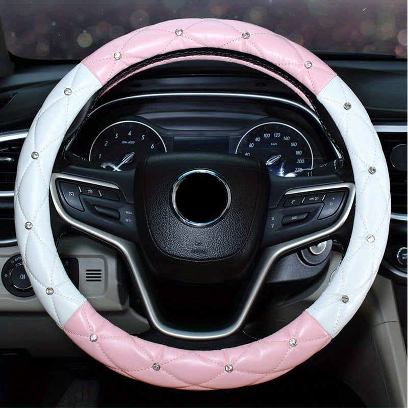 New Style, Rhinestone Inlaid, Artificial Diamond Grid PU Leather Car Steering Wheel Cover, soft And Comfortable, Suitable For Women And Girls.