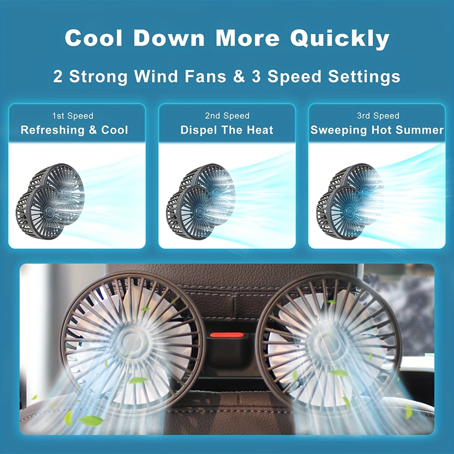 1 Pc Car Fan – Double-Headed Rear Fan with 360° Rotation & Strong Wind